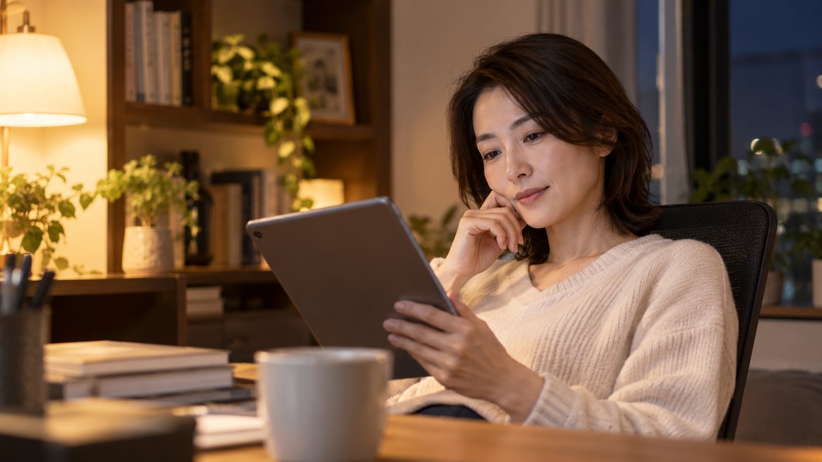 平日の夜、自宅の書斎の机で、40代の女性がタブレットを手に持ち、椅子の背にもたれて読みながら考えている近景。タブレットの画面の文字は見えない