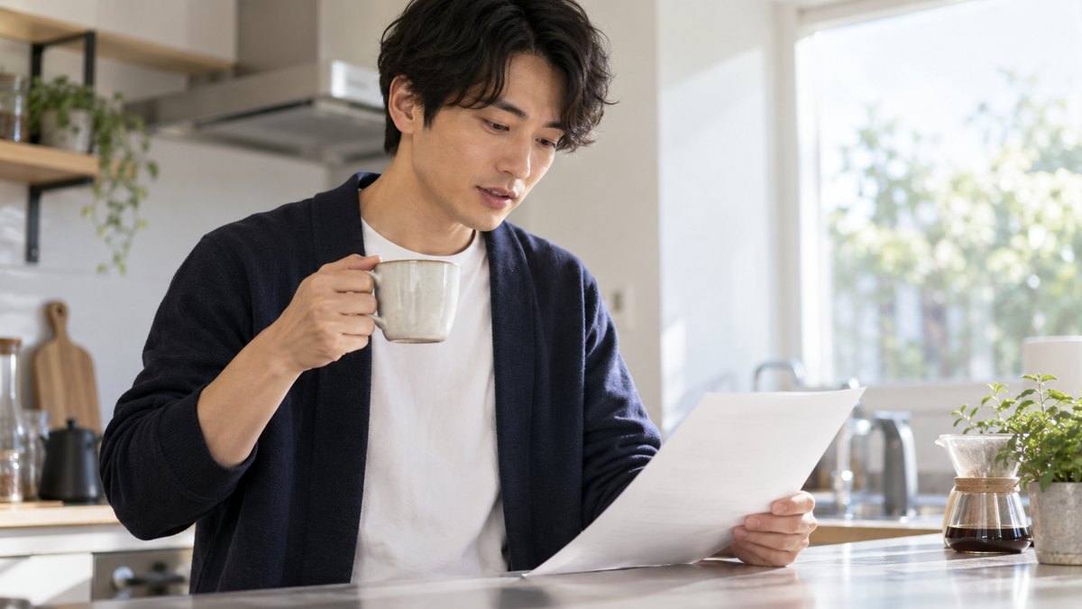 平日の朝、通勤前の明るいキッチンで、20代後半の男性がコーヒーカップを片手に持ち、カウンターに置いた1枚の原稿を見ながら小さな声で読み上げている近景。原稿の文字は見えない。人物は1人だけ