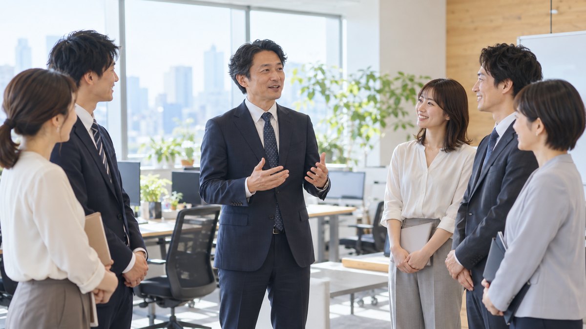 平日の朝、明るいオフィスの朝礼で、40代の男性会社員が同僚5人の前に立って短く話し、同僚たちがリラックスした表情で聞いている遠景。壁やホワイトボードに文字は見えない