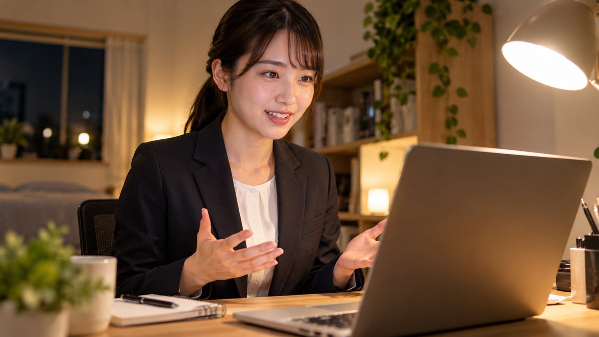 平日の夜、自宅の小さな書斎の机で、ジャケットを着た20代前半の女性がノートパソコンの前に背筋を伸ばして座り、照明を当てながらオンライン面接の受け答えを練習している近景。パソコンの画面は見えない角度