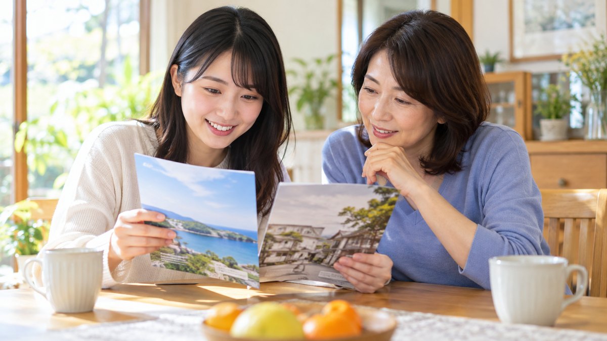 休日の昼、実家の明るいダイニングテーブルで、20代前半の大学生の娘と50代の母親が並んで座り、娘が持つ2枚のパンフレットを2人でのぞき込みながら話し合っている近景。パンフレットの文字は読めない