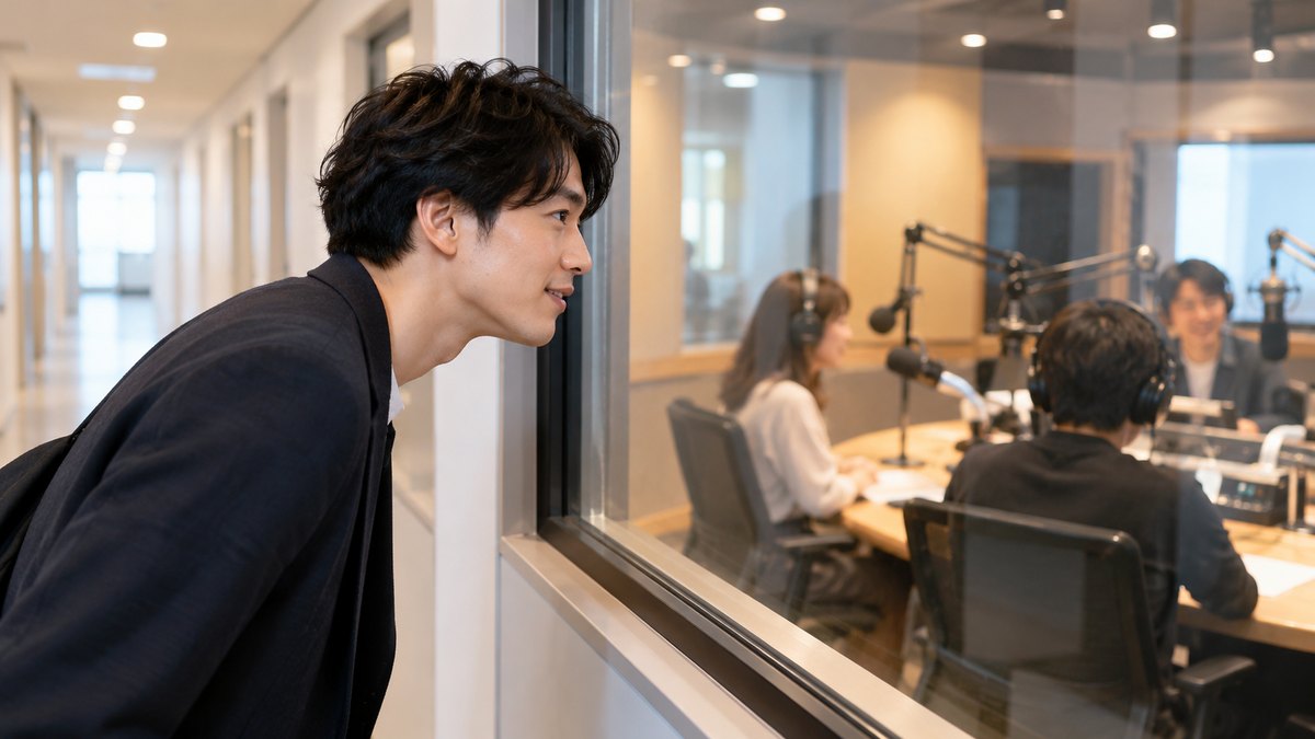 平日の夕方、ラジオ局の明るい廊下で、20代後半の男性がガラス窓越しに収録スタジオの中をのぞき、興味深そうに見学している近景。ガラスや壁に文字やロゴは無い