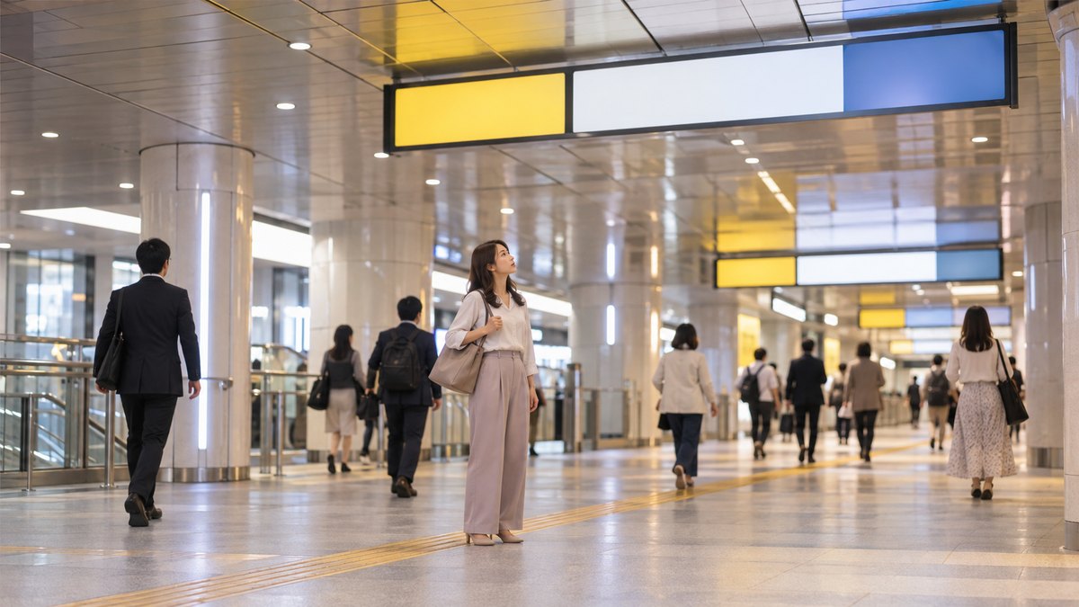 平日の夕方、地下鉄の駅の改札を出た広い地下通路で、20代後半の女性が立ち止まり、案内板の方向を見上げて行き先を確かめている遠景。案内板や看板の文字は見えない