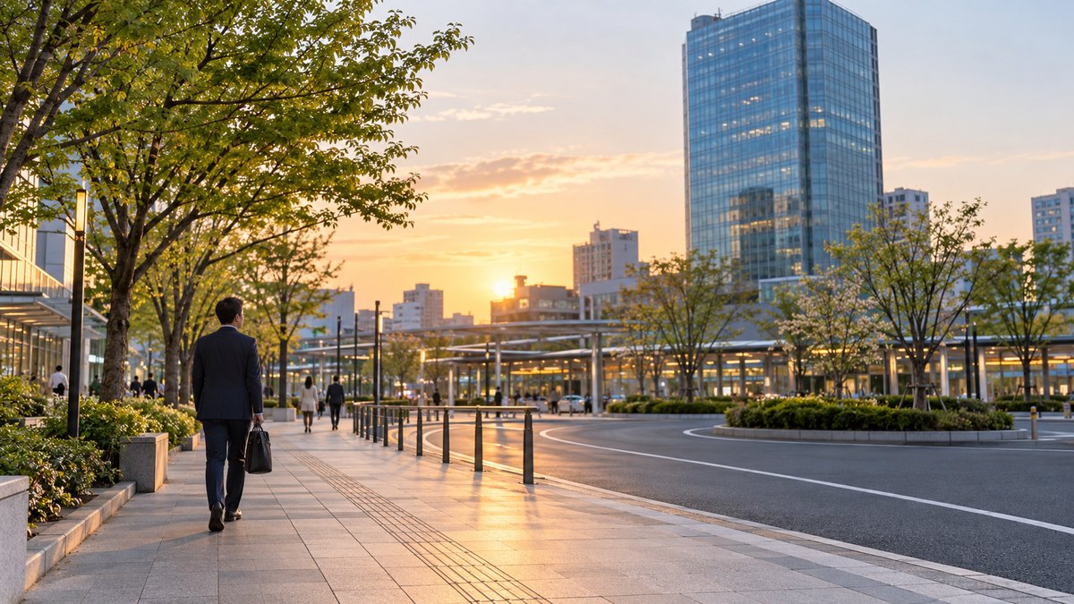 春の夕方、地方都市の駅前のバスロータリーに面した広い歩道を、40代の男性がビジネスバッグを持って歩いている遠景。背景にガラス張りの高層ビルが1棟と並木。駅舎や看板やバスの文字は見えない。赤れんがの建物は無い