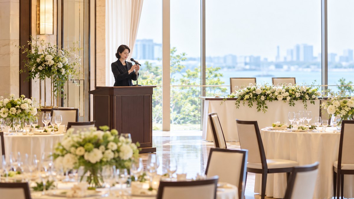 平日の昼、結婚式場の明るい宴会場の前方で、40代の女性司会者が司会台の前に立ち、スタンドマイクの高さを確かめている遠景。会場に人はまだいない。文字は見えない