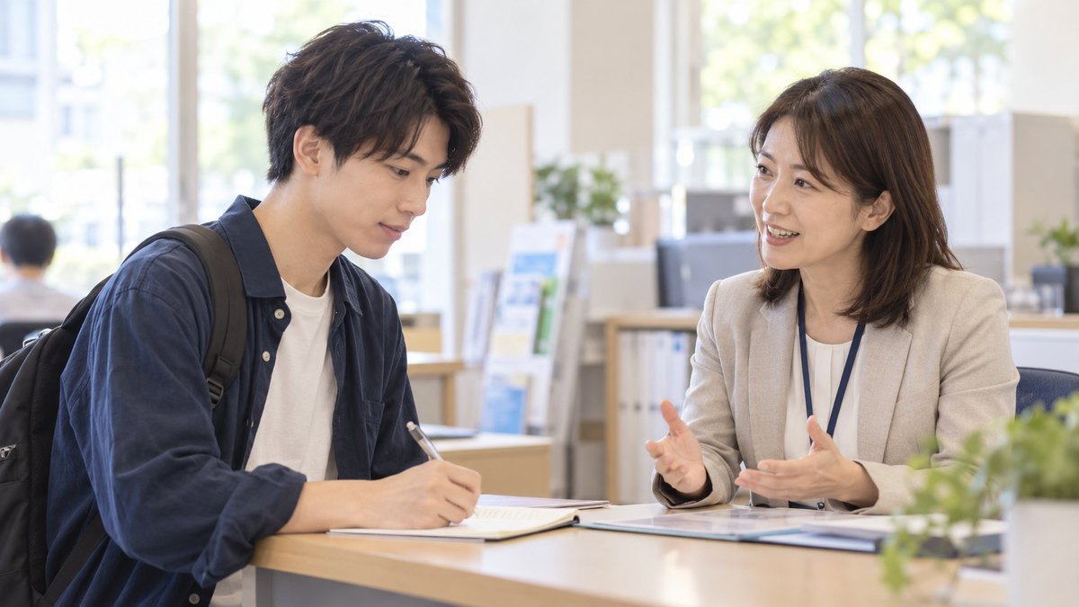 平日の昼、大学の明るい相談窓口のカウンターで、20代前半の男子大学生が職員の40代の女性から話を聞き、メモを取っている近景。掲示物や書類の文字は見えない