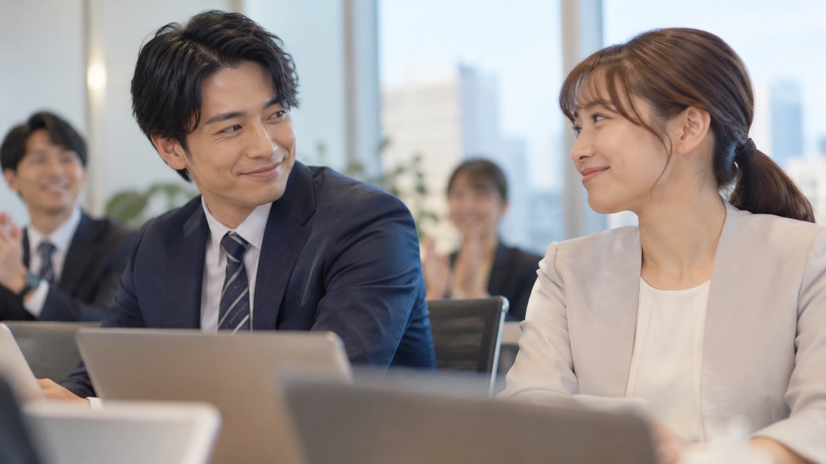 平日の夕方、明るい会議室で、30代の男性会社員が発表を終えて席に戻り、隣の同僚の女性と笑顔で小さくうなずき合っている近景。資料やモニターに文字は見えない