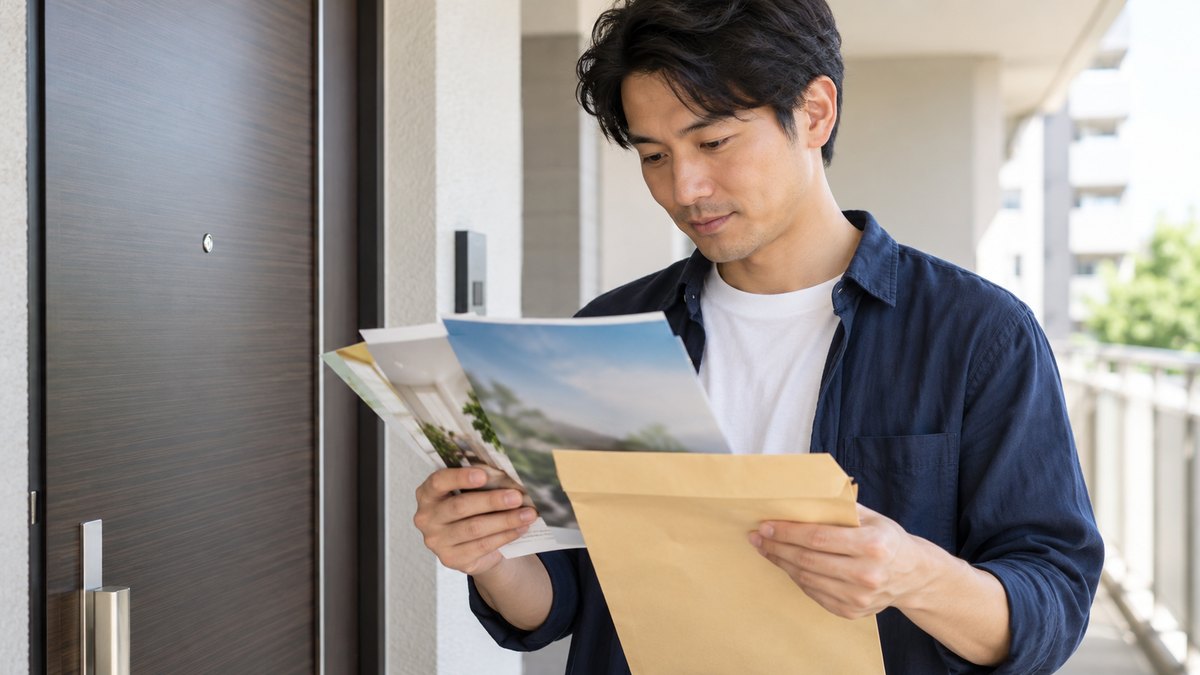 休日の昼、マンションの玄関の前で、30代の男性が届いた大きめの封筒を開け、中から取り出した数枚のパンフレットを立ったまま見比べている近景。封筒とパンフレットの文字は読めない