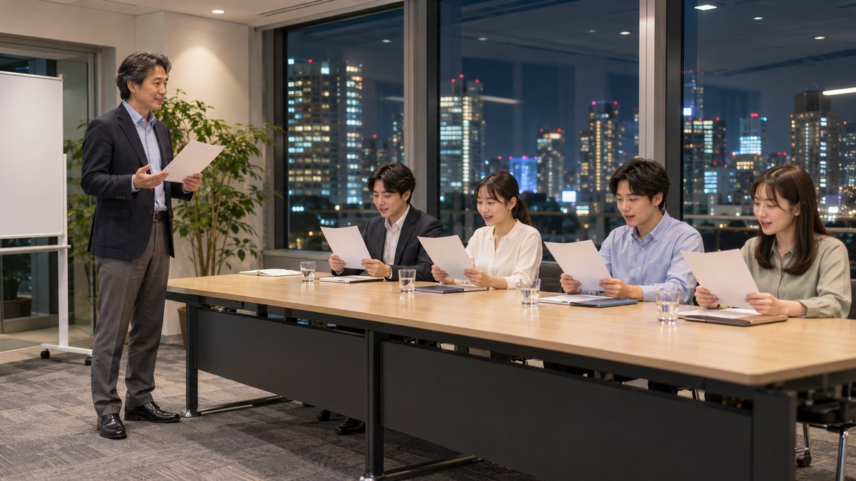 平日の夜、ビルの高い階にある明るい会議室で、40代の男性講師が前に立ち、長机に座った20代の受講生4人が手元の原稿を見ながら順番に声を出している遠景。窓の外に夜の街の明かり。原稿や壁に文字は見えない