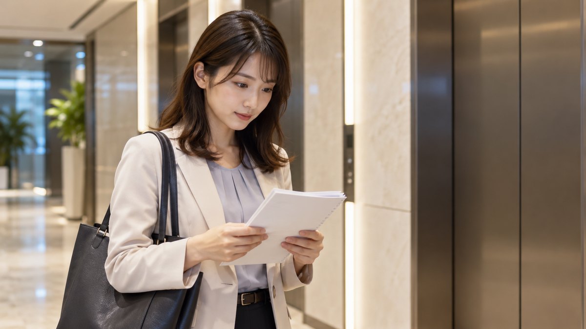 平日の夜、オフィスビルの明るいエレベーターホールで、20代後半の女性がトートバッグを肩にかけ、エレベーターを待ちながら手元のメモを見返している近景。案内表示や壁の文字は見えない