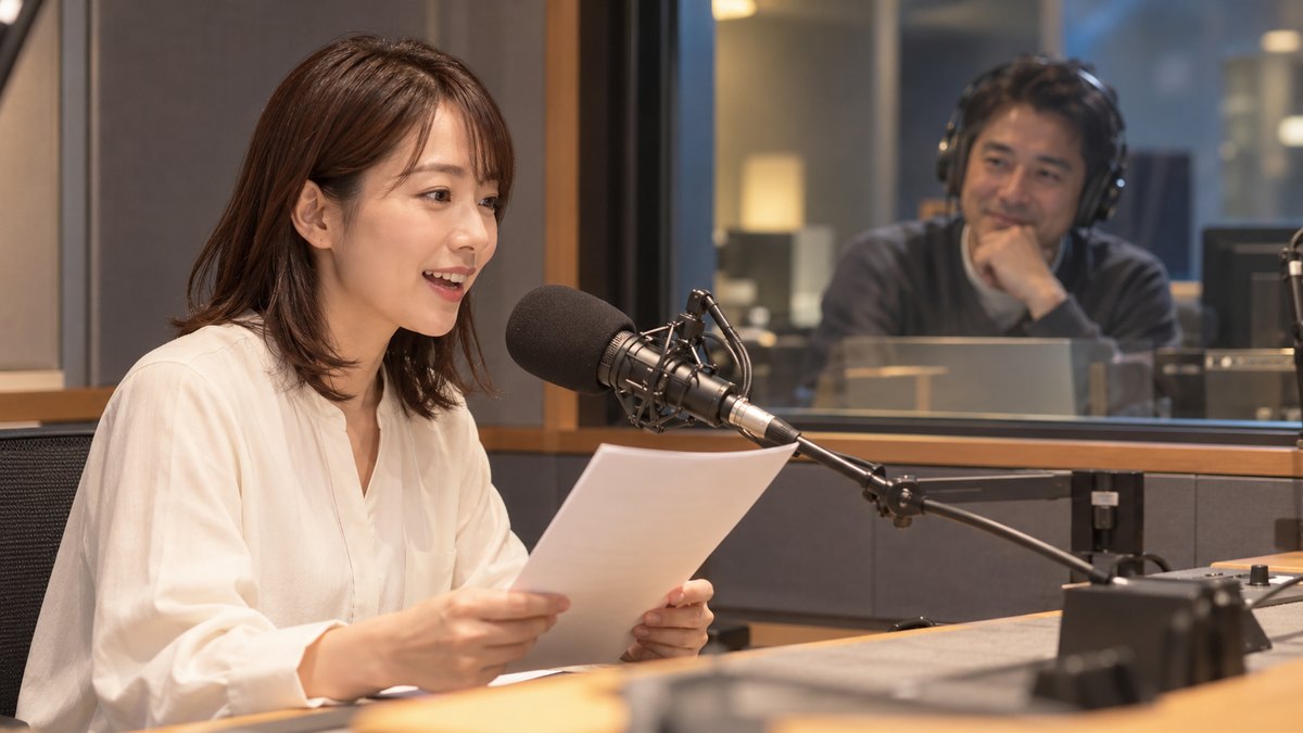 平日の夜、ラジオ局の小さな収録ブースで、30代の女性がマイクに向かって原稿を読み、ガラス越しに40代の男性ディレクターがヘッドホンをつけてうなずいている近景。機材やガラスに文字やロゴは無い