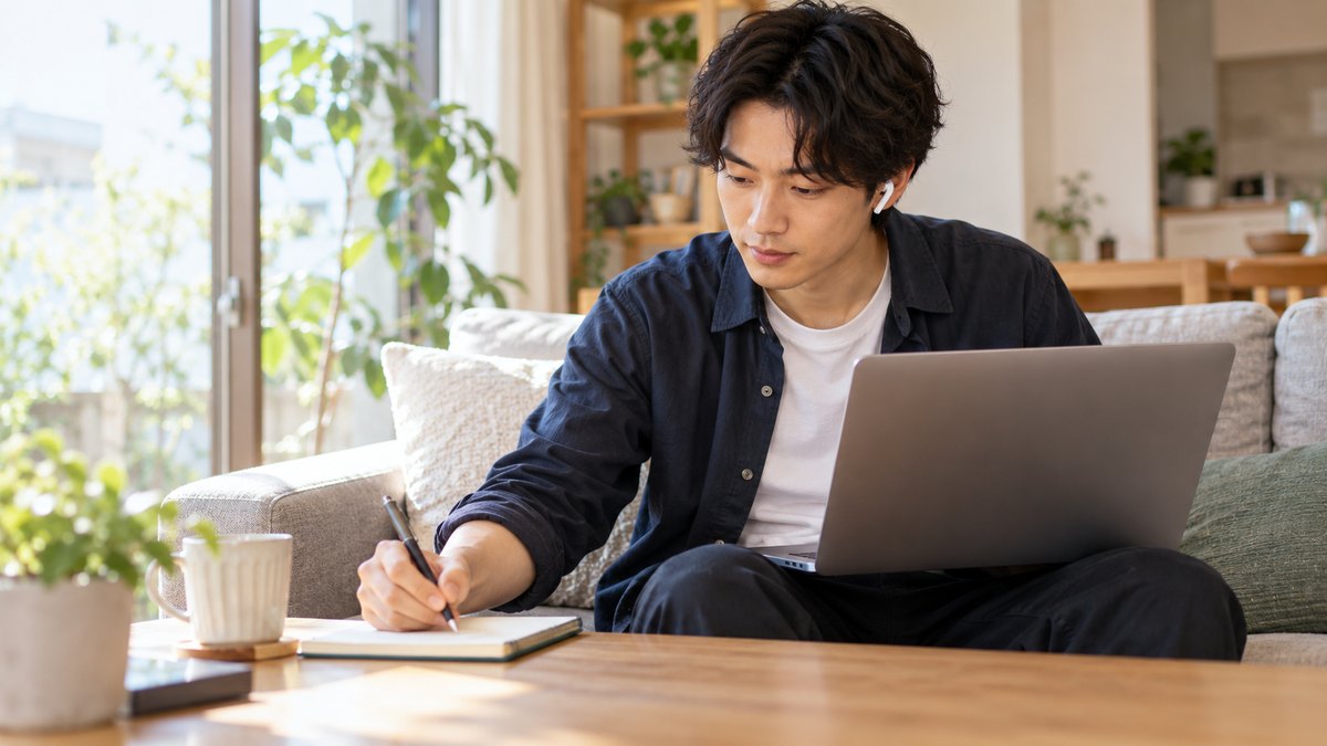 休日の午後、自宅のリビングで、20代後半の男性がソファに座ってノートパソコンを膝に置き、イヤホンで講座の動画を聞きながら、テーブルのノートにメモを取っている近景。パソコンの画面とノートの文字は見えない