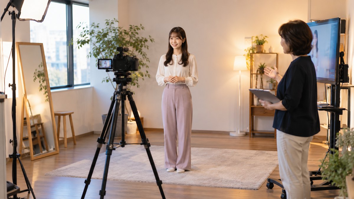 平日の夕方、小さなスタジオで、20代前半の女性が三脚に立てたビデオカメラの前に立って自己紹介の練習をし、そばの50代の女性講師がモニターを見ながら助言している遠景。モニターや壁に文字は見えない