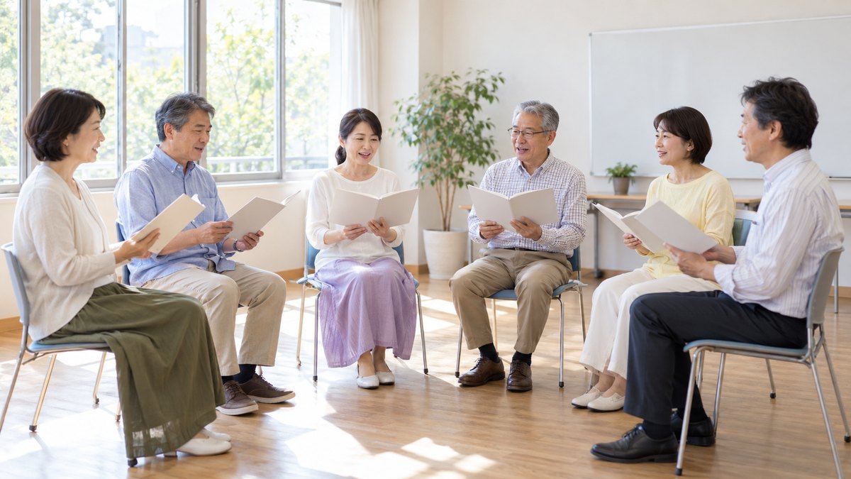 休日の朝、カルチャーセンターの明るい教室で、40代から60代の大人6人が円形に並べた椅子に座り、テキストを手に持って一緒に声を出して読んでいる遠景。テキストや壁に文字は見えない