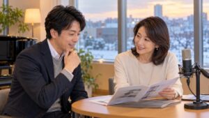 アナウンス教室の体験レッスンのあと、スタンドマイクのあるレッスンルームで女性講師と案内の冊子を見ながら相談する男性会社員