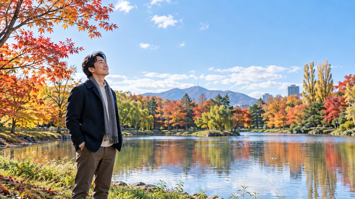 秋の晴れた朝、札幌の大きな公園の池のほとりで、紅葉した木々を背に40代の男性が立ち、空を見上げて穏やかにほほえんでいる遠景。看板や文字は見えない