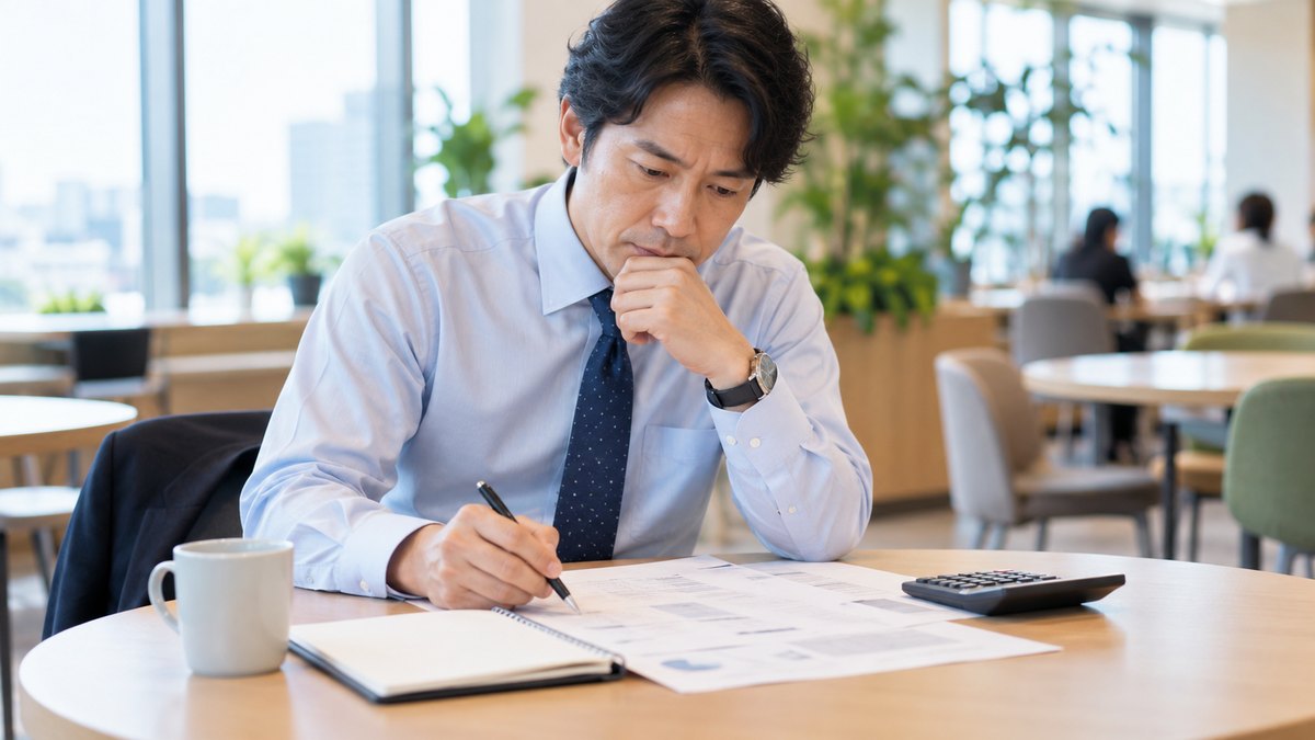 平日の昼休み、オフィスの休憩スペースの丸テーブルで、40代の男性会社員がノートと電卓を前に座り、印刷した資料にボールペンで丸をつけながら考えている近景。資料と電卓の文字や数字は読めない
