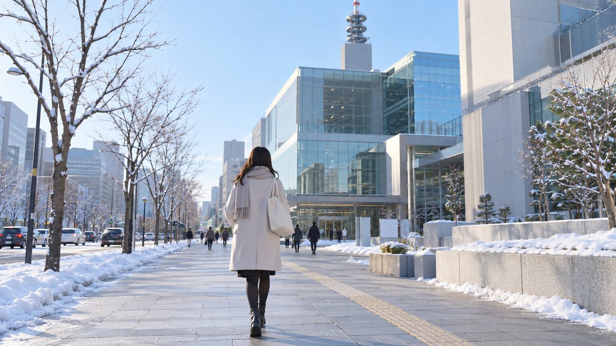 冬の朝、札幌の街なかの雪が残る広い歩道を、20代前半の女子大学生がコートを着てトートバッグを肩にかけ、テレビ局のような大きなビルに向かって歩いている遠景。建物や看板に文字やロゴは見えない