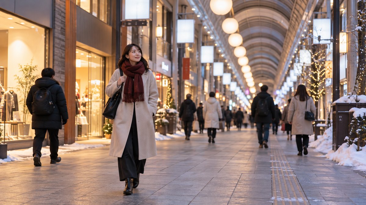 冬の夕方、札幌の狸小路のような屋根付きの商店街を、30代の女性がマフラーを巻いて歩いている遠景。店の看板や文字は見えない
