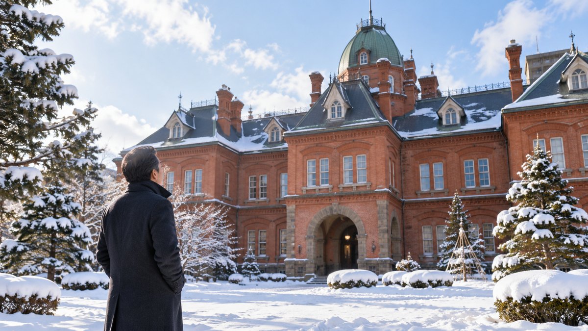 冬の昼、赤れんがの古い洋風の歴史的建物の前に広がる雪の前庭で、40代の男性がコートの襟を立てて立ち止まり、建物を見上げている遠景。テレビ塔は写さない。看板や文字は見えない
