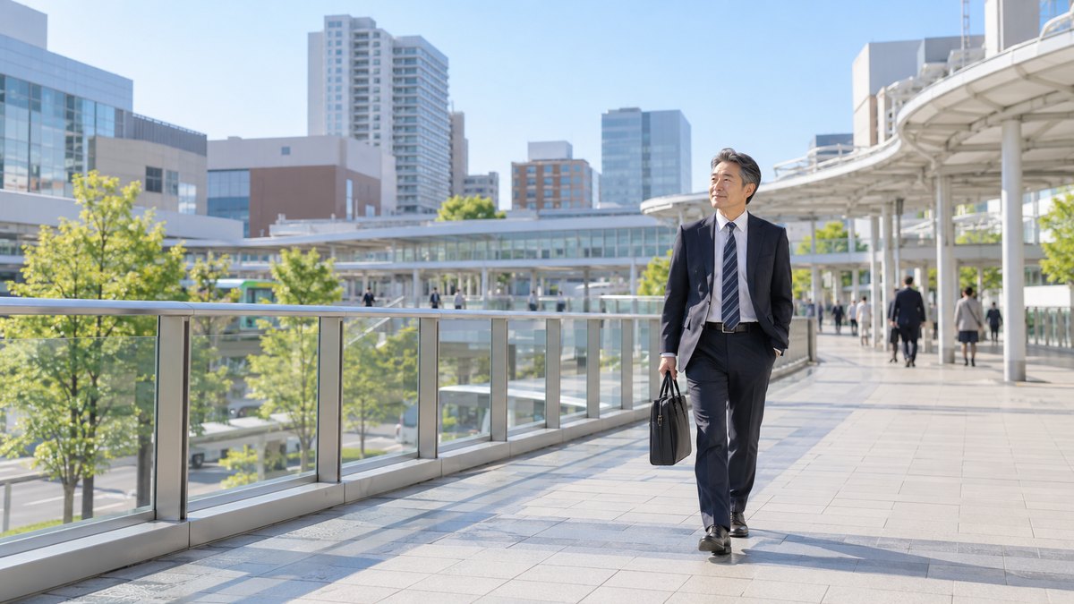 平日の朝、新札幌の駅前のような広いペデストリアンデッキを、50代の男性がビジネスバッグを持って穏やかな表情で歩いている遠景。看板や建物の文字は見えない