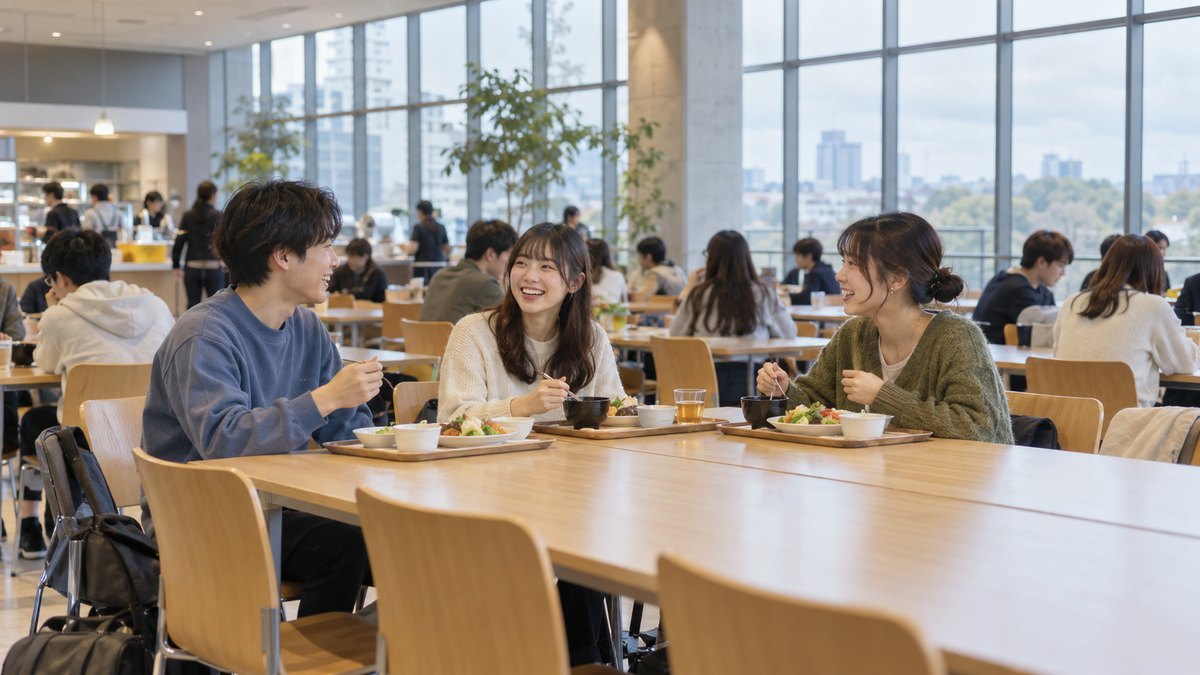 平日の昼、大学の明るく広い学生食堂の長いテーブルで、20代前半の男女の大学生3人がトレーを前に座り、楽しそうに話している遠景。窓の外は曇り空。メニューや掲示物の文字は見えない