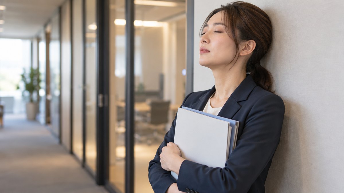 朝、会社の会議室の前の静かな廊下で、30代の女性会社員が壁ぎわに立ち、資料を胸に抱えて目を閉じ、ゆっくり息を吐いている近景。資料の文字は見えない