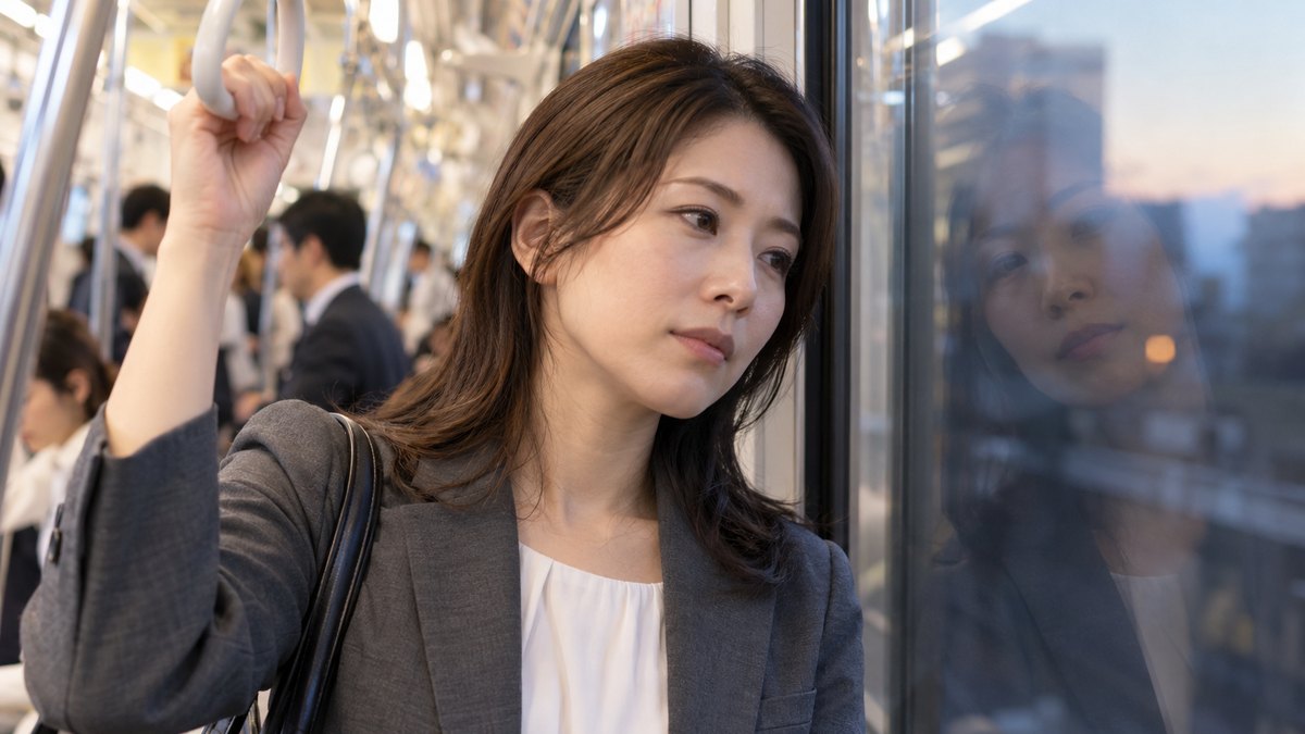 平日の夕方、地下鉄の明るい車内で、30代の女性会社員がつり革につかまって立ち、窓に映る自分を見ながら静かに考えている近景。車内の広告や表示の文字は見えない