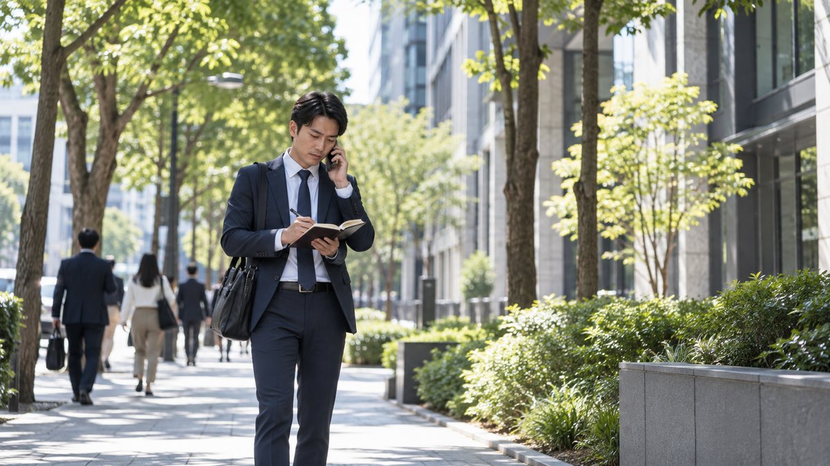 平日の昼、オフィス街の歩道の木陰で、30代の男性がスマホを耳に当てて電話で問い合わせをしながら、もう一方の手で手帳にメモを取っている遠景。看板や手帳の文字は見えない