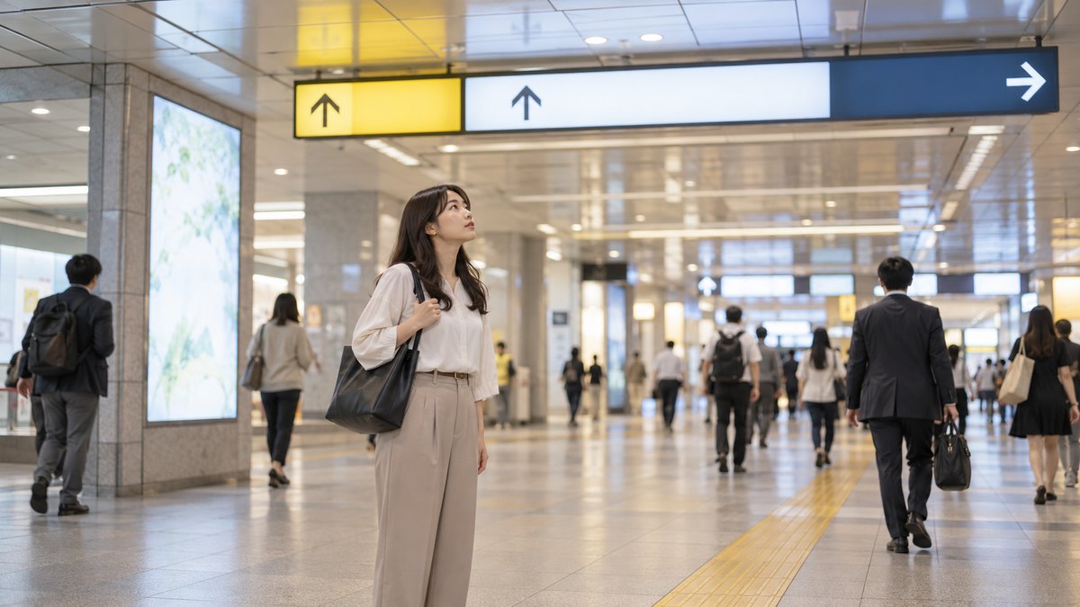 平日の夕方、地下鉄の駅の改札を出た広い地下通路で、20代後半の女性が立ち止まり、案内板の方向を見上げて行き先を確かめている遠景。案内板や看板の文字は見えない