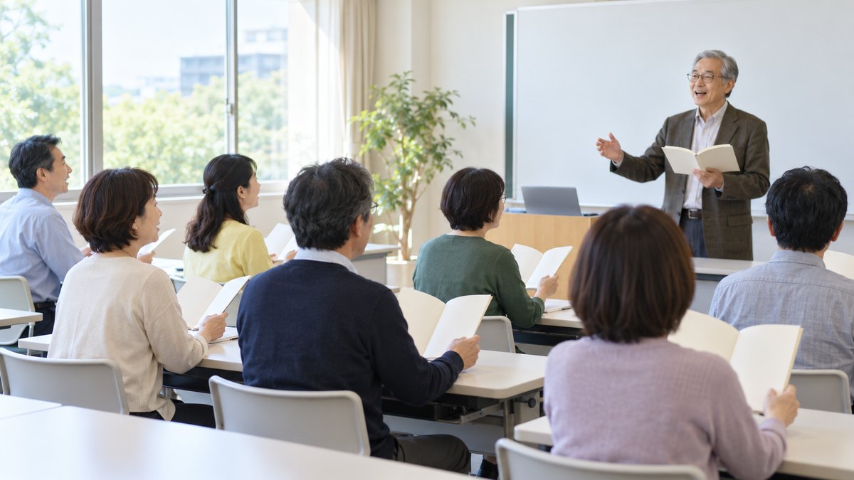 平日の朝、大学の明るい講義室で、40代から60代の大人8人が机に座ってテキストを手に持ち、前に立つ60代の男性講師と一緒に声を出して読んでいる遠景。テキストや黒板に文字は見えない