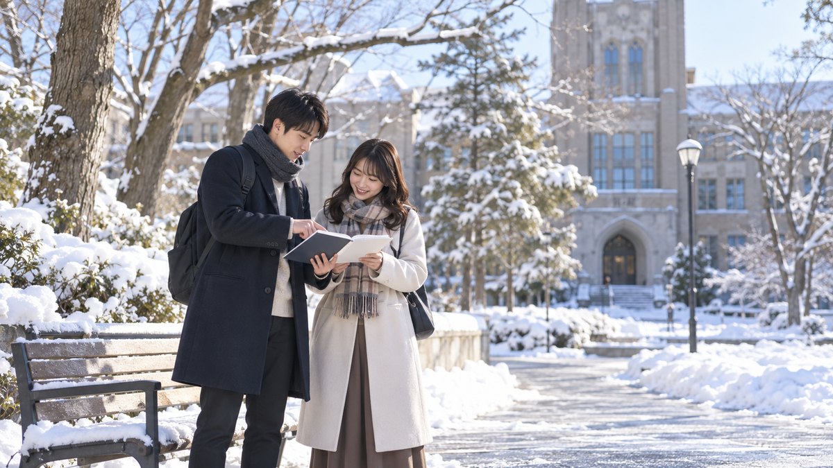 休日の昼、雪の積もった大学のキャンパスのベンチ近くで、20代前半の男女の大学生がコート姿で並んで立ち、1冊のノートをのぞき込みながら話し合っている遠景。ノートや建物に文字は見えない