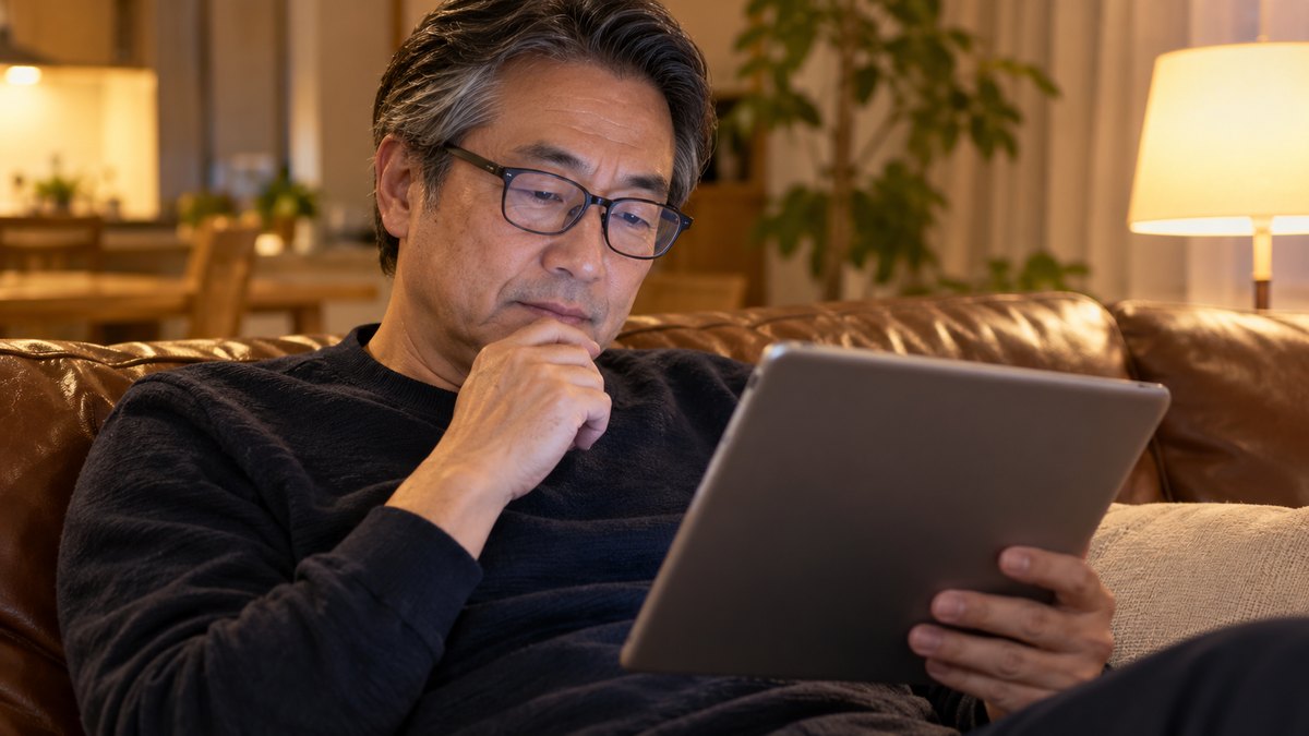 平日の夜、自宅のリビングの革のソファで、50代の男性がタブレットを両手で持ち、老眼鏡をかけて記事を読みながら考えている近景。タブレットの画面の文字は見えない