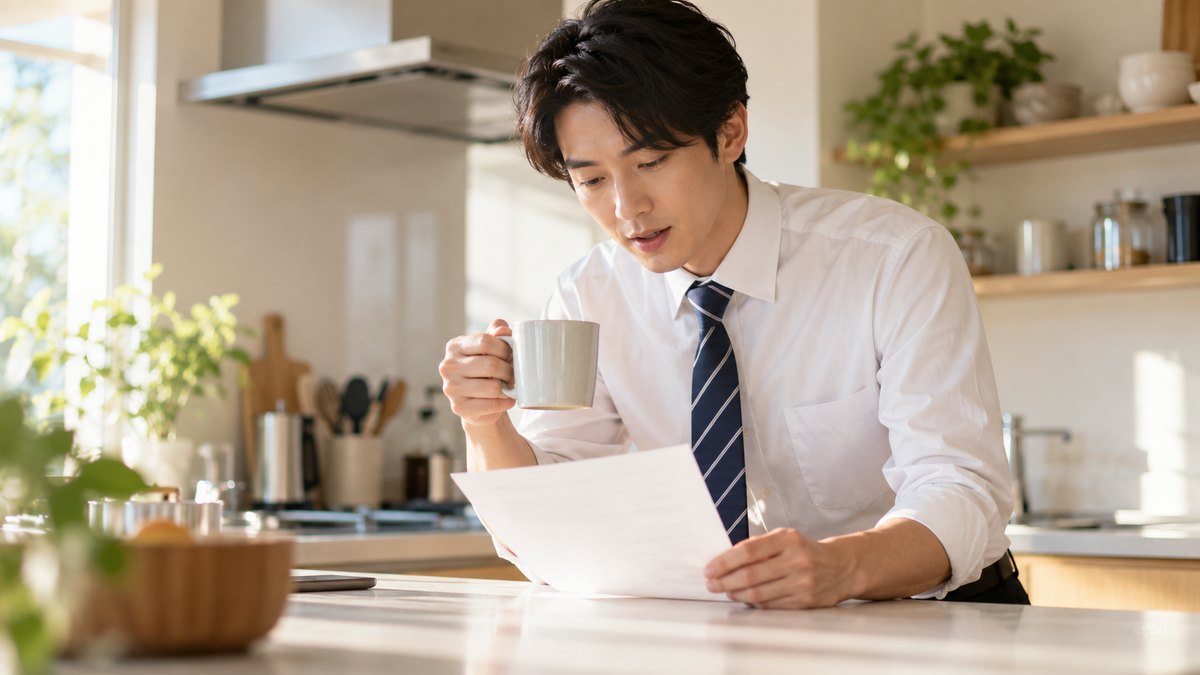 平日の朝、通勤前の明るいキッチンで、20代後半の男性がマグカップを片手に持ち、カウンターに置いた1枚の原稿を見ながら小さな声で読み上げている近景。原稿の文字は見えない。人物は1人だけ