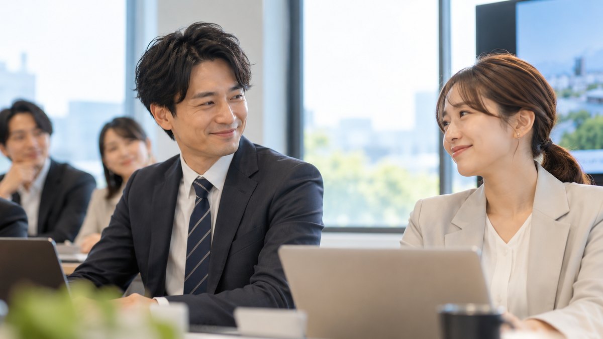 平日の夕方、明るい会議室で、30代の男性会社員が発表を終えて席に戻り、隣の同僚の女性と笑顔で小さくうなずき合っている近景。資料やモニターに文字は見えない