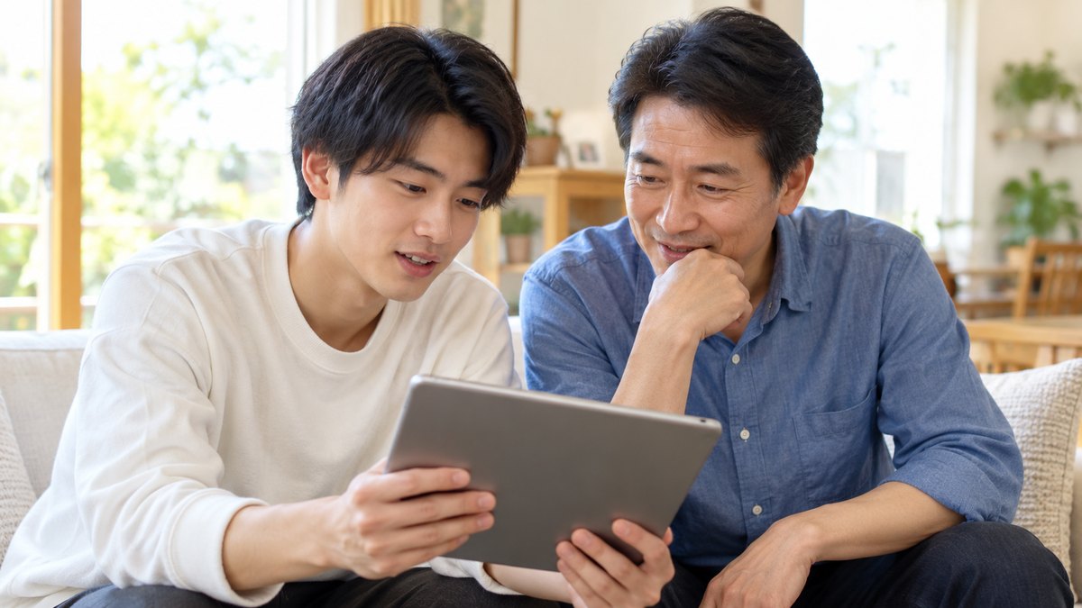 休日の昼、実家の明るいリビングのソファで、20代前半の大学生の息子と50代の父親が並んで座り、息子が持つタブレットを2人でのぞき込みながら話し合っている近景。タブレットの画面は見えない角度