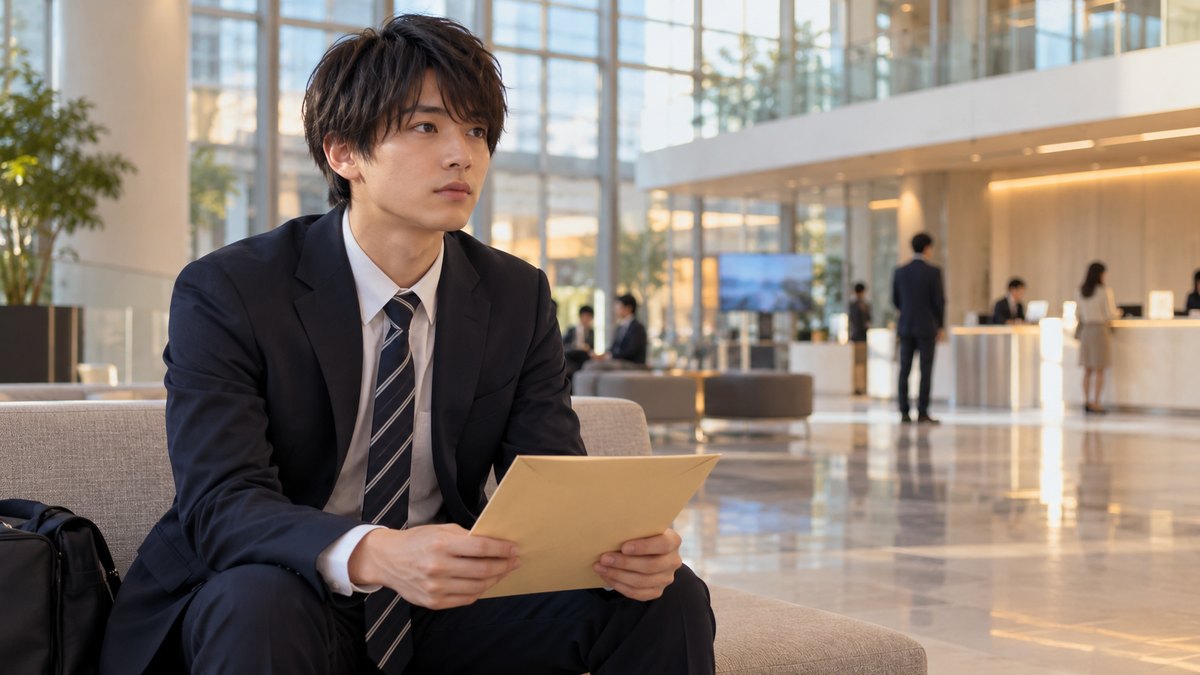 平日の夕方、放送局のような明るく広い吹き抜けのロビーで、20代前半の男子大学生がジャケット姿でソファに浅く腰かけ、膝の上に置いた書類の封筒を両手で持って順番を待っている近景。壁や受付に文字やロゴは見えない