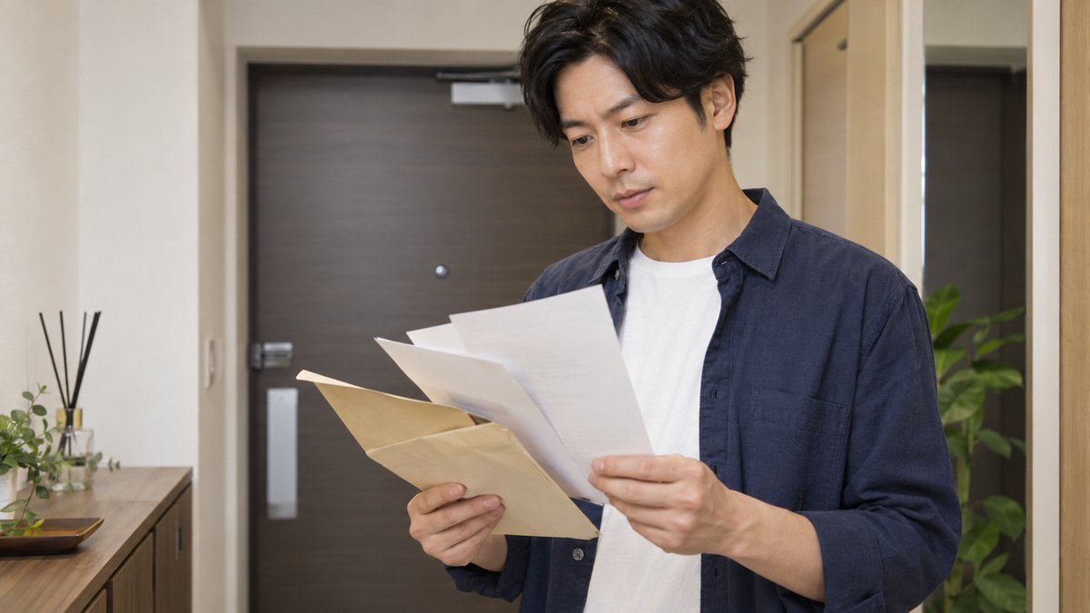 休日の昼、マンションの玄関の内側で、30代の男性が届いた封筒を開け、中から取り出した数枚の案内を立ったまま見比べている近景。封筒と案内の文字は読めない