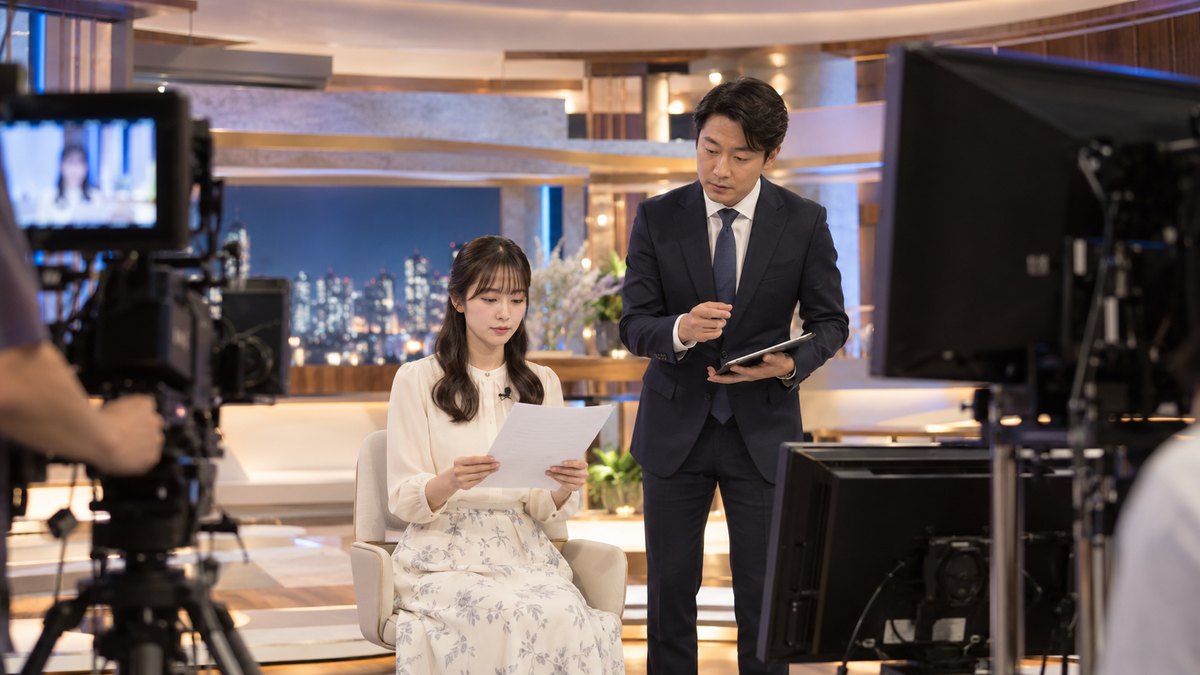 平日の夜、テレビ局のスタジオで、20代前半の女性がカメラの前の椅子に座って原稿を読み、そばで30代の男性アナウンサーの講師がモニターを見ながら助言している遠景。セットやモニターに文字やロゴは無い