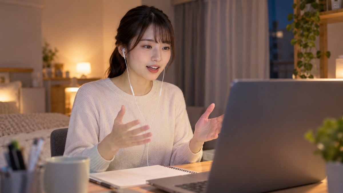 平日の夜、ワンルームの自宅の机で、20代前半の女子大学生がノートパソコンの前に座り、イヤホンをつけて背筋を伸ばし、画面に向かって話す練習をしている近景。パソコンの画面は見えない角度