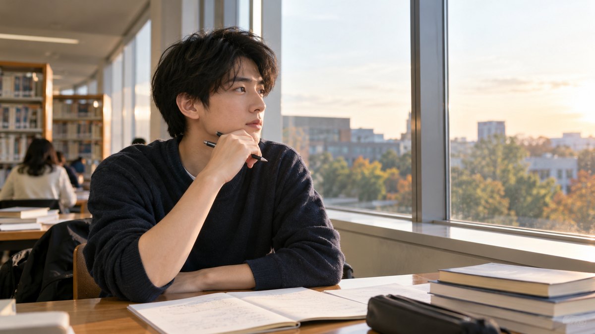 平日の夕方、大学の図書館の窓ぎわの席で、20代前半の男子大学生が原稿用紙にペンで下書きを書き、手を止めて窓の外を見ながら考えている近景。原稿用紙の文字は読めない