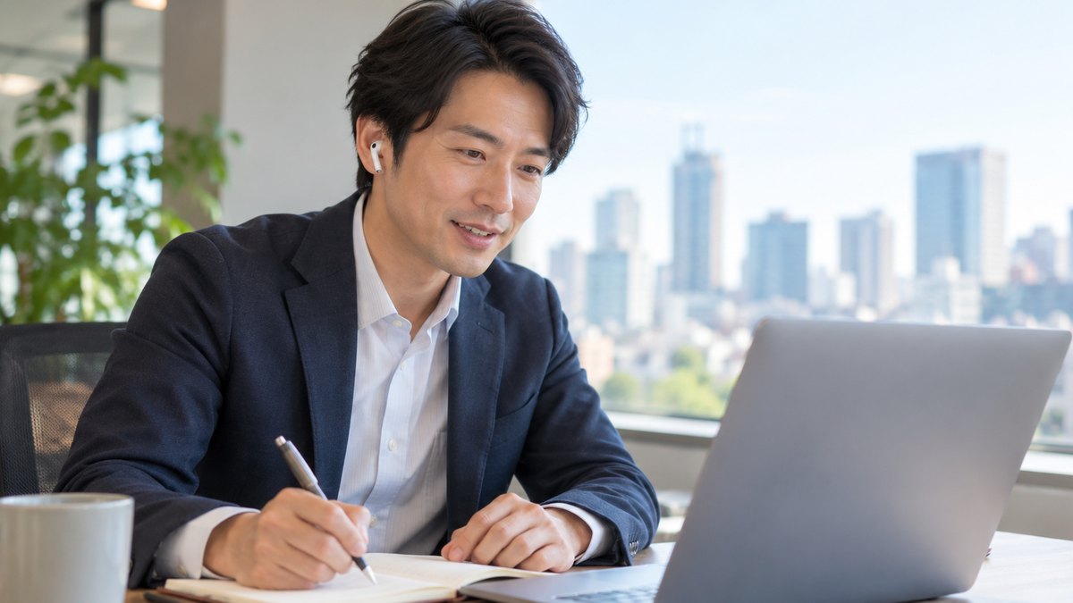 平日の昼、オフィスの窓ぎわの席で、30代の男性会社員が片耳にイヤホンをつけ、ノートパソコンでリモートの個人レッスンを受けながらメモを取っている近景。パソコンの画面とメモの文字は見えない