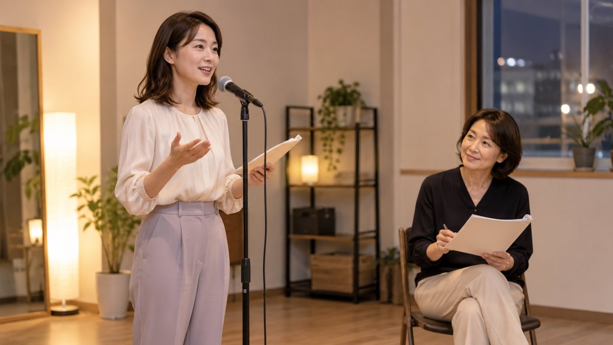 平日の夜、小さなレッスンルームで、30代の女性がスタンドマイクの前に立って司会の練習をし、50代の女性講師が手元の台本を見ながら穏やかにうなずいている遠景。台本や壁に文字は見えない