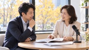 アナウンス教室の説明会のあと、ケヤキ並木の見えるレッスンルームで女性講師と案内の冊子を見ながら相談する男性会社員