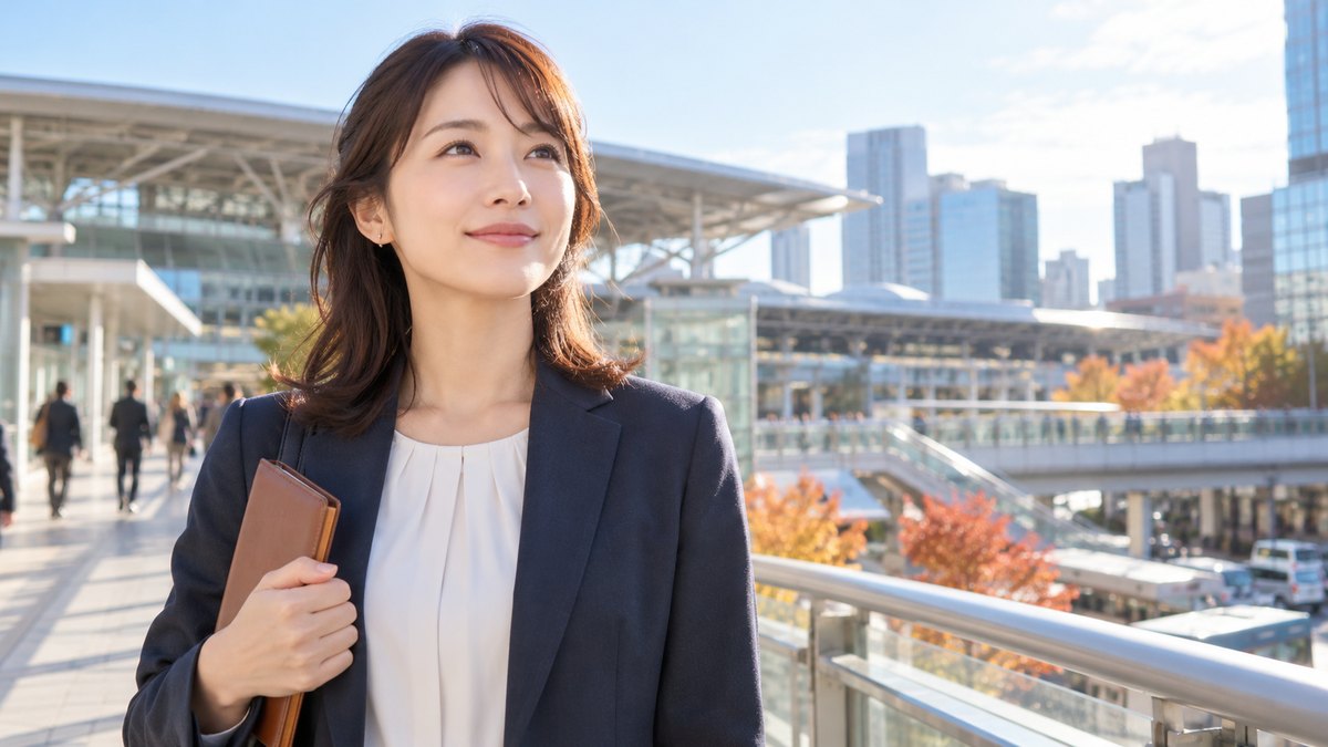 秋の晴れた朝、地方都市の大きな駅前の歩行者デッキで、30代の女性がジャケット姿で立ち止まり、閉じた手帳を片手に持って前を向き、穏やかにほほえんでいる近景。駅舎や看板の文字は見えない