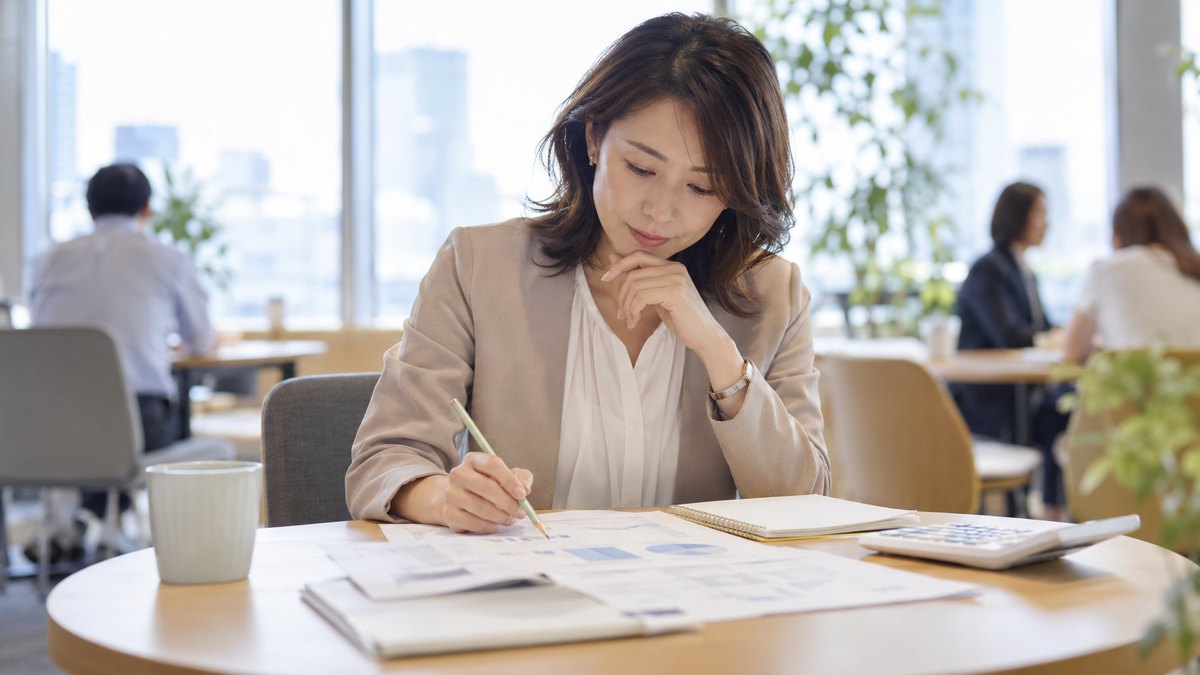 平日の昼休み、オフィスの休憩スペースの丸テーブルで、40代の女性会社員がノートと電卓を前に座り、印刷した資料に鉛筆で印をつけながら考えている近景。資料と電卓の文字や数字は読めない
