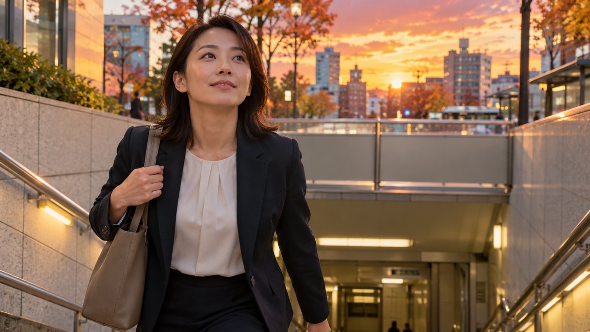 秋の夕方、地方都市の地下鉄の駅の出口の階段を、30代の女性会社員がトートバッグを肩にかけて上がってくる近景。出口の上に見える空は夕焼け。駅名や看板の文字は見えない
