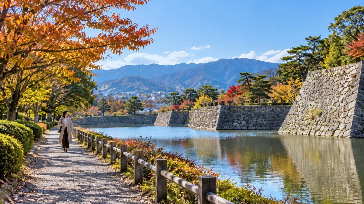 秋の晴れた昼、城跡の石垣と水をたたえた堀のある公園の小道を、30代の女性がコート姿で歩いている遠景。遠くに青い山並みが見える。看板や文字は見えない