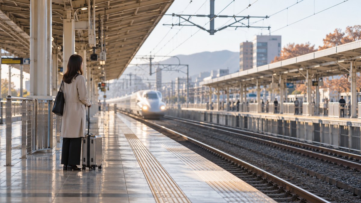 晩秋の朝、新幹線の止まる大きな駅のホームで、30代の女性がキャリーケースを横に置いて立ち、遠くから近づいてくる列車の方を見ている遠景。駅名や案内板の文字は見えない