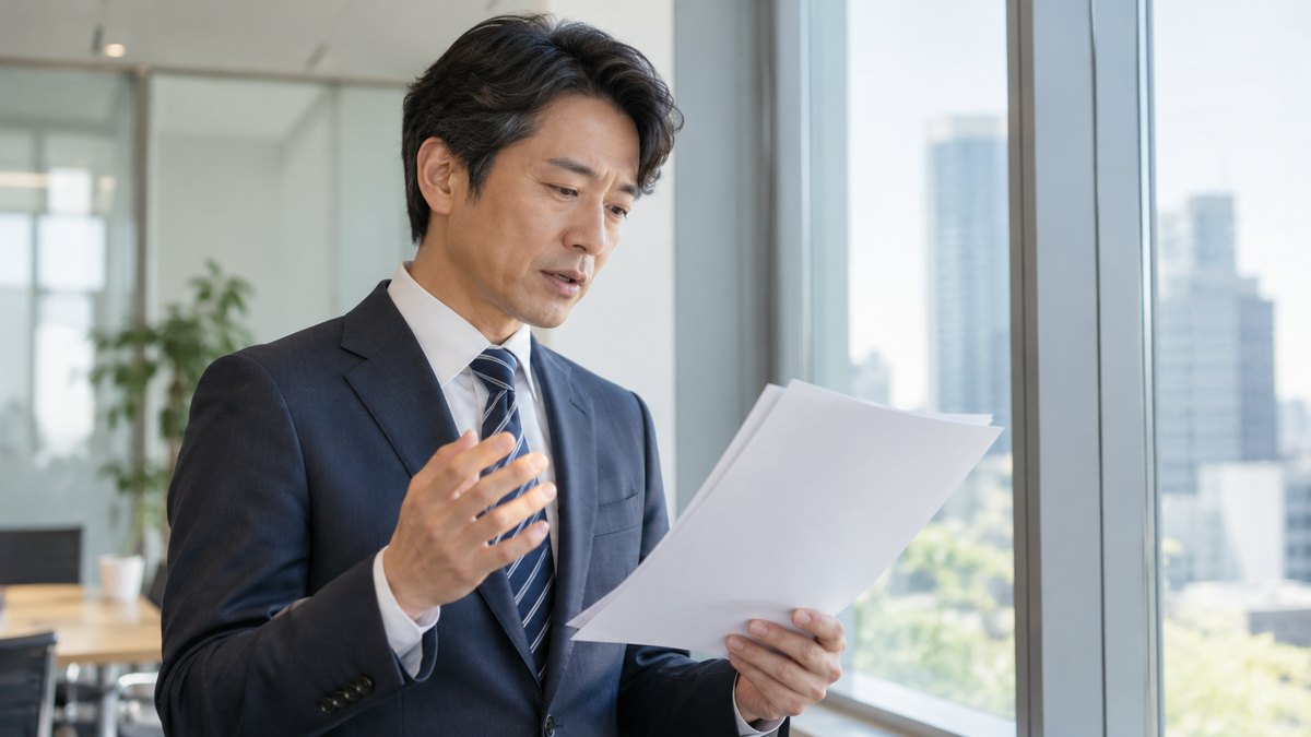 平日の朝、明るいオフィスの小会議室で、40代の男性会社員がひとり窓ぎわに立ち、手に持った数枚の資料を小さな声で読み上げて練習している近景。資料の文字は見えない